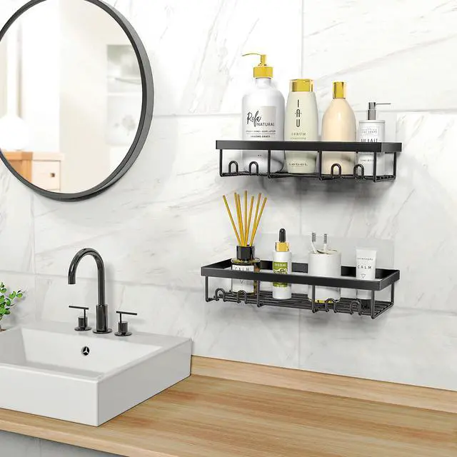 Alt view image 6 of 6 - Moforoco Shower Caddy Shelf Organizer Rack, Self Adhesive Black Bathroom Shelves Basket, Home Farmhouse Wall Inside Organization and Storage Decor Rv Accessories, First Camper Apartment Essentials