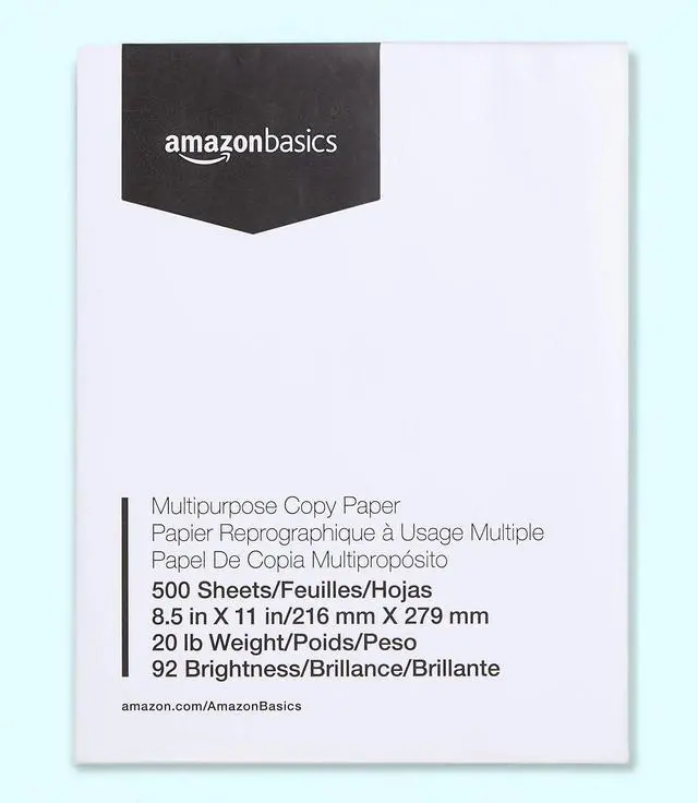 Main image of Amazon Basics Multipurpose Copy Printer Paper, 8.5 x 11 Inches, 20 lb, 92 Bright, White, 1 Ream (500 Sheets), Jam-Free