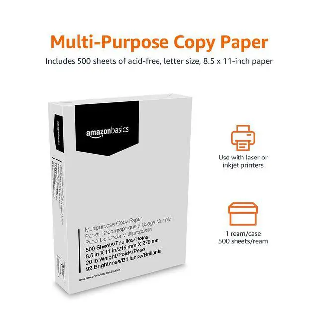 Alt view image 2 of 6 - Amazon Basics Multipurpose Copy Printer Paper, 8.5 x 11 Inches, 20 lb, 92 Bright, White, 1 Ream (500 Sheets), Jam-Free