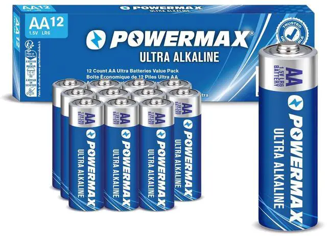 Main image of Powermax AA Alkaline Batteries 12-Pack, Double A, Long Lasting Power, 1.5V, Leak Resistant, 10-Year Shelf Life, Reclosable Packaging for Home and Office
