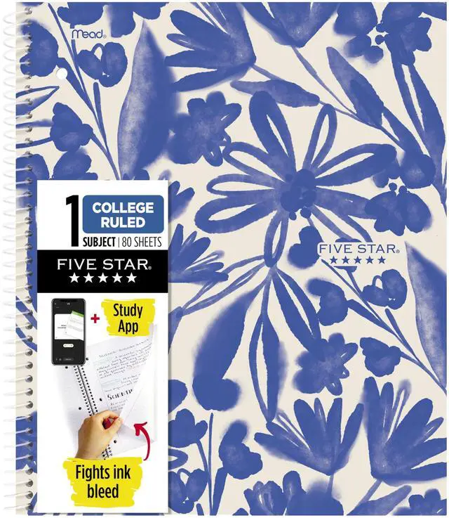 Main image of Five Star Spiral Notebook + Study App, 1 Subject, College Ruled Paper, 8-1/2" x 11", 80 Sheets, Fights Ink Bleed, Water Resistant Cover, Soft Petals Blue (820441F-ECM)