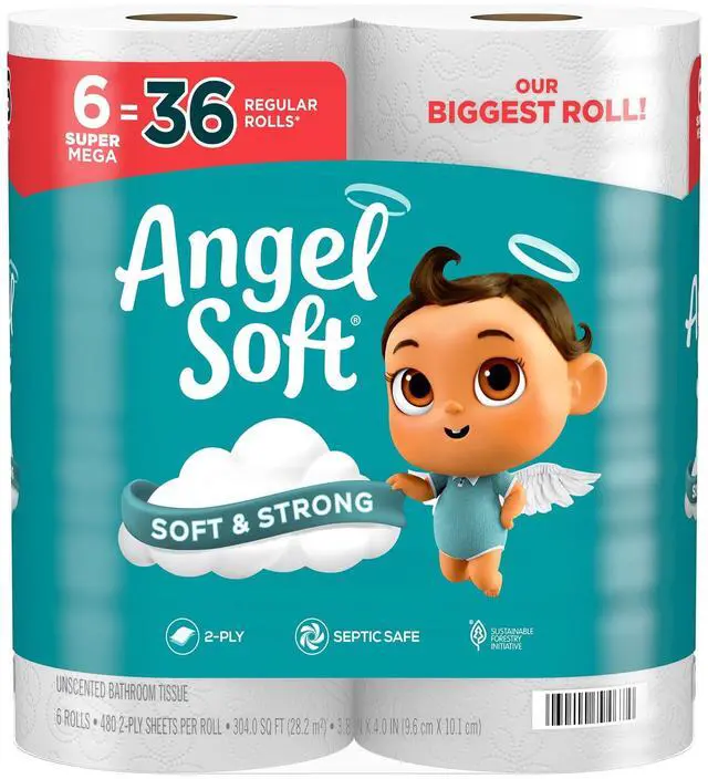 Main image of Angel Soft Toilet Paper, 6 Super Mega Rolls = 36 Regular Rolls, Soft and Strong Toilet Tissue