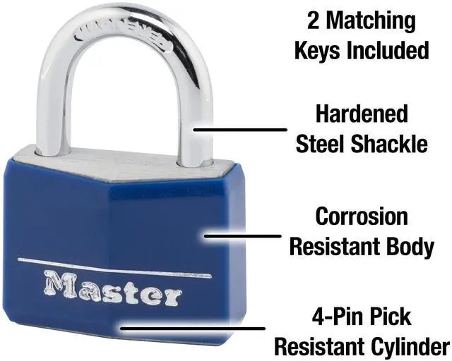 Alt view image 4 of 5 - Master Lock 142DCM Blue Vinyl Covered Aluminum Keyed Padlock, Small for Gym or School Locker, Indoor Outdoor Use