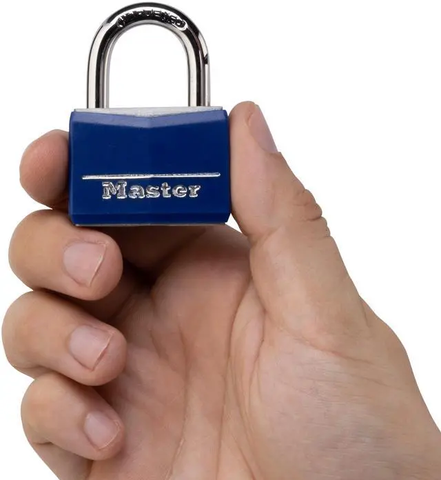 Alt view image 2 of 5 - Master Lock 142DCM Blue Vinyl Covered Aluminum Keyed Padlock, Small for Gym or School Locker, Indoor Outdoor Use