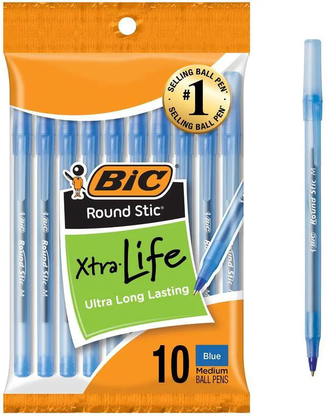 Main image of BIC Round Stic Xtra Life Blue Ballpoint Pens, 1.0mm, 10-Count Pack