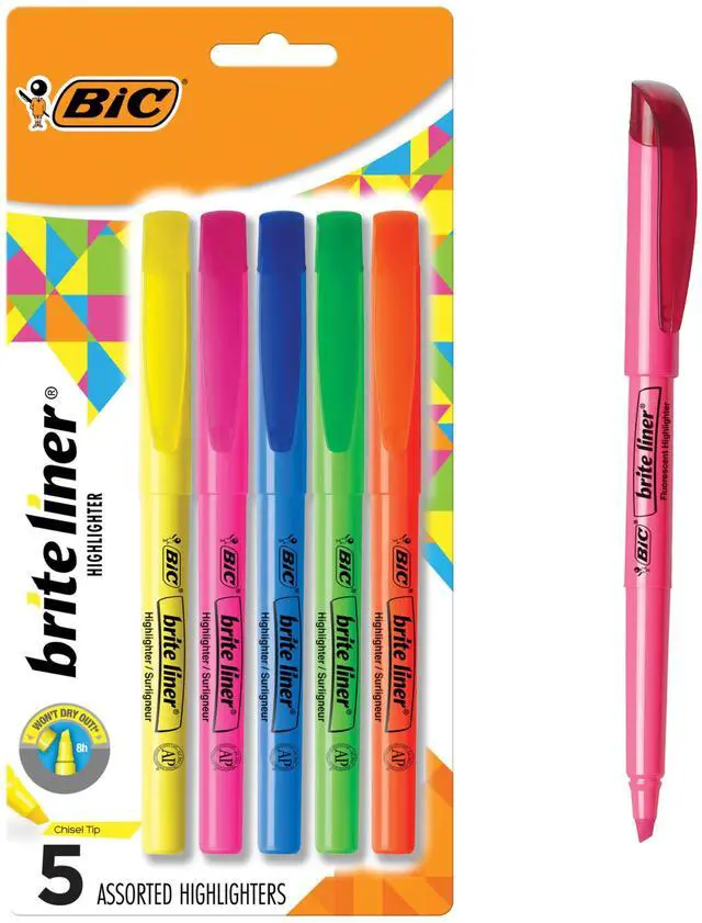 Main image of BIC Brite Liner Highlighters, Chisel Tip, 5-Count Pack, Assorted Colors
