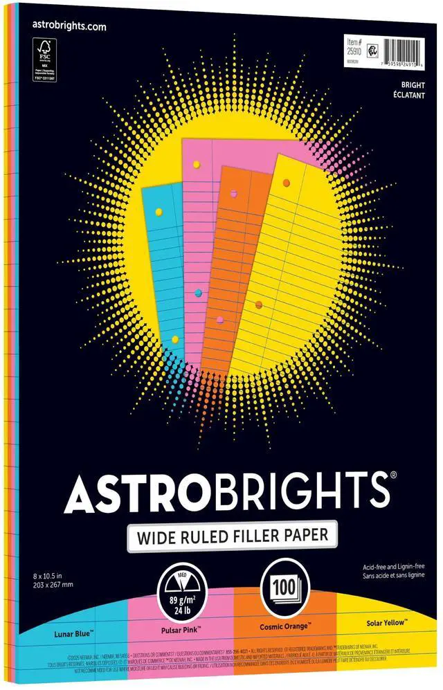 Main image of Astrobrights Filler Paper, 8" x 10.5", Wide Ruled, 20 lb, FSC Certified, Assorted Colors, 100 Sheets