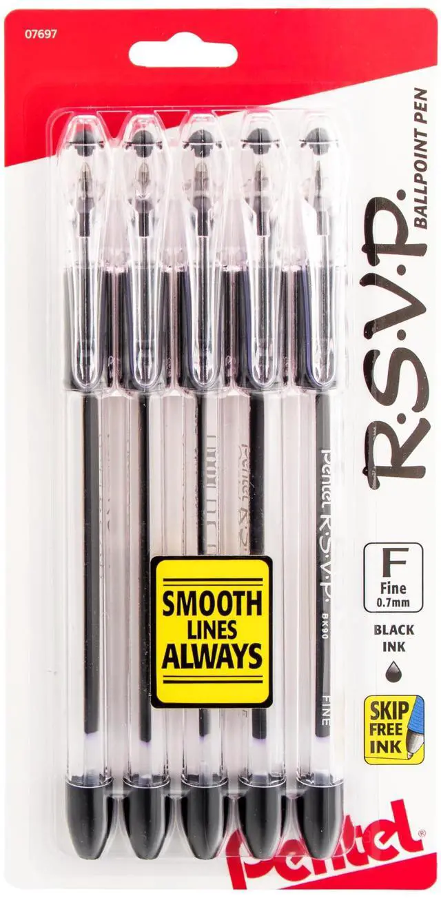 Main image of Pentel RSVP Ballpoint Pen 0.7mm Fine Line Black Ink Pack of 5 (BK90PF5A)