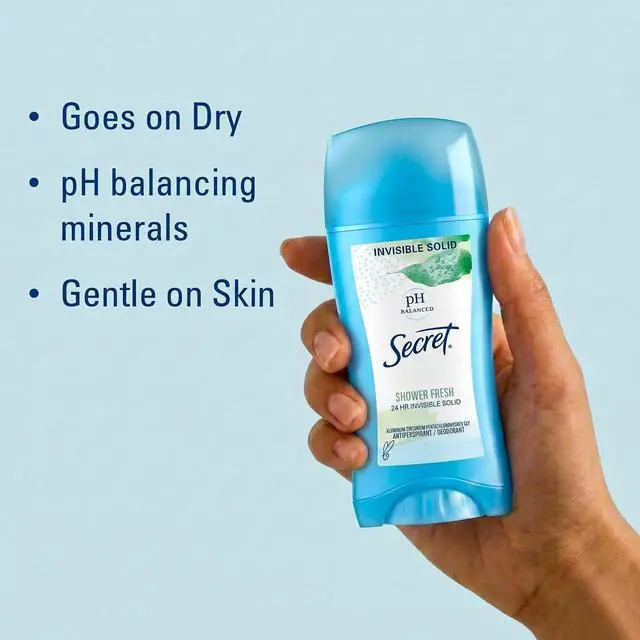 Alt view image 6 of 6 - Secret Antiperspirant and Deodorant for Women Invisible Solid, 24 Hour Sweat and Odor Protection, pH Balanced, Gentle on Skin, Shower Fresh Scent, 2.6 oz