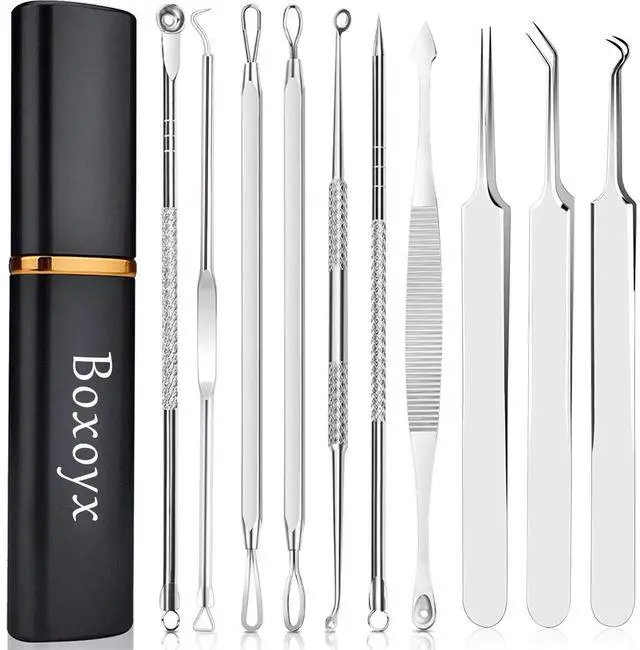 Main image of Boxoyx 10Pcs Pimple Popper Tool Kit, Blackhead Remover Comedone Extractor with Metal Case, for Face Nose Forehead - Silver