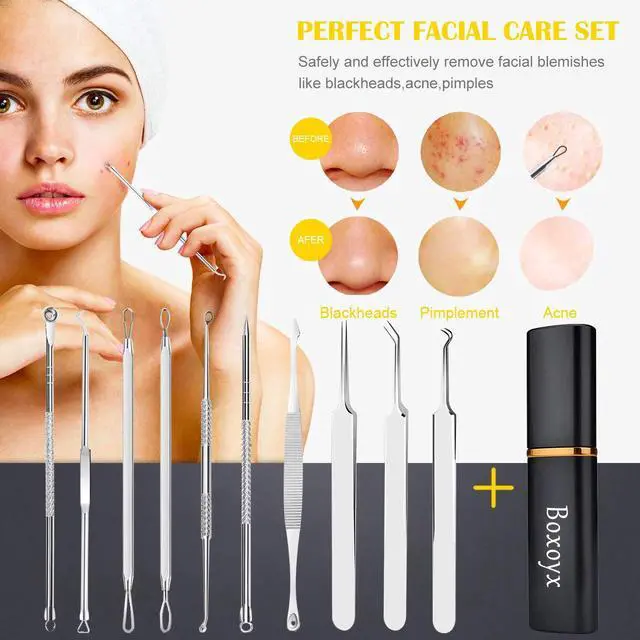 Alt view image 5 of 7 - Boxoyx 10Pcs Pimple Popper Tool Kit, Blackhead Remover Comedone Extractor with Metal Case, for Face Nose Forehead - Silver