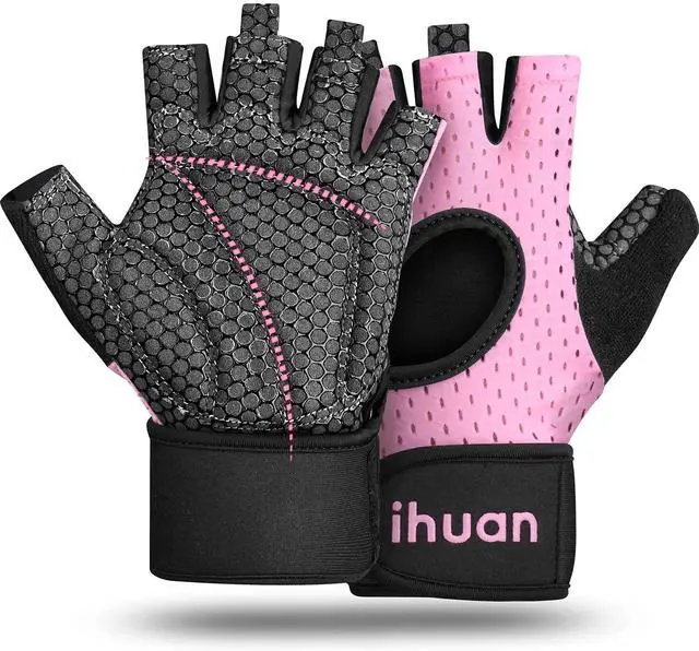 Main image of Ihuan Breathable Weight Lifting Gym Gloves, Fingerless with Wrist Support, Palm Protection, Extra Grip for Fitness, Training, Rowing, Pull-ups
