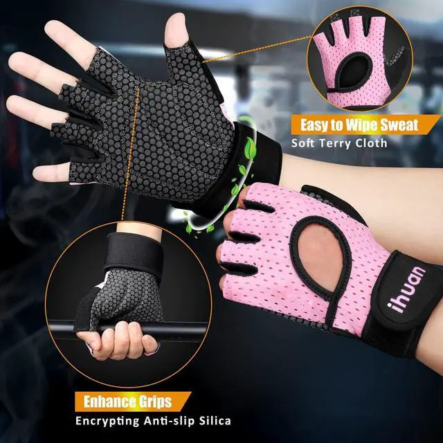 Alt view image 3 of 6 - Ihuan Breathable Weight Lifting Gym Gloves, Fingerless with Wrist Support, Palm Protection, Extra Grip for Fitness, Training, Rowing, Pull-ups