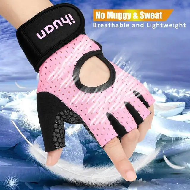 Alt view image 2 of 6 - Ihuan Breathable Weight Lifting Gym Gloves, Fingerless with Wrist Support, Palm Protection, Extra Grip for Fitness, Training, Rowing, Pull-ups