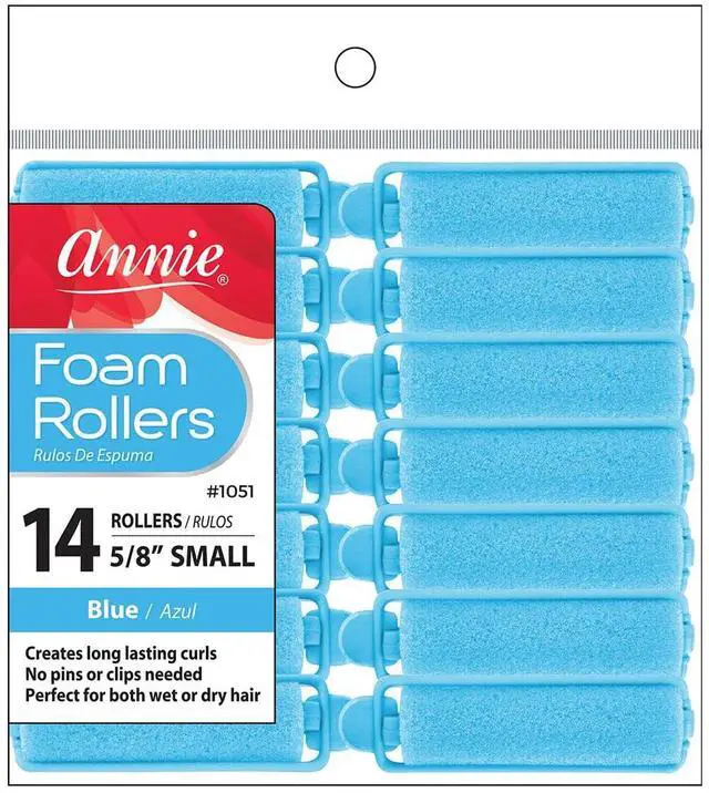 Main image of Annie Foam Hair Rollers Small 5/8 Inch, 14 Count, Blue Soft Sponge for Heatless Tight Defined Curls, No Pins or Clips, for Wet or Dry Hair, Overnight Comfort