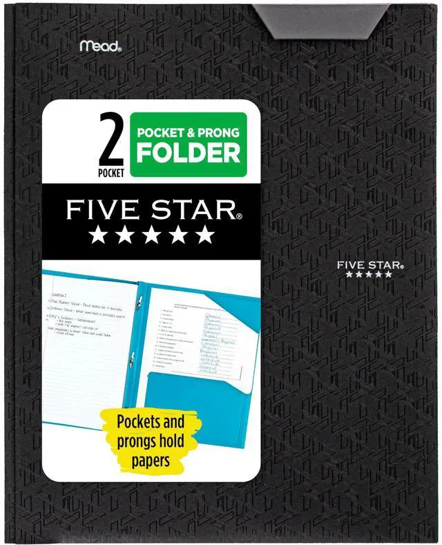 Main image of Five Star 2-Pocket Plastic Folder with Stay-Put Tabs and Prong Fasteners, Holds 8-1/2" x 11" Paper, Black (72113)