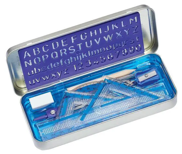 Alt view image 5 of 5 - STAEDTLER 10-Piece Math Set with Metal Compass, 6" Ruler & Triangle Squares, 45 & 30/60 Set Squares, Alphabet Stencil - Measuring Tools