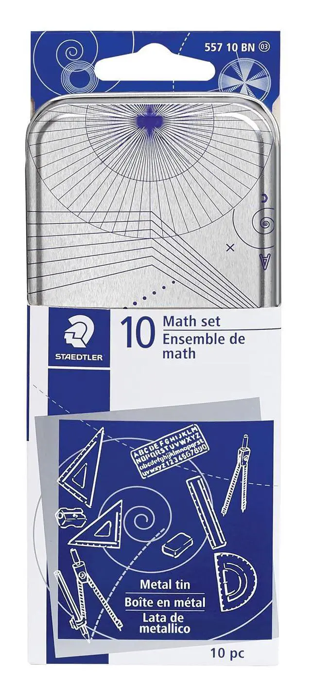 Alt view image 3 of 5 - STAEDTLER 10-Piece Math Set with Metal Compass, 6" Ruler & Triangle Squares, 45 & 30/60 Set Squares, Alphabet Stencil - Measuring Tools