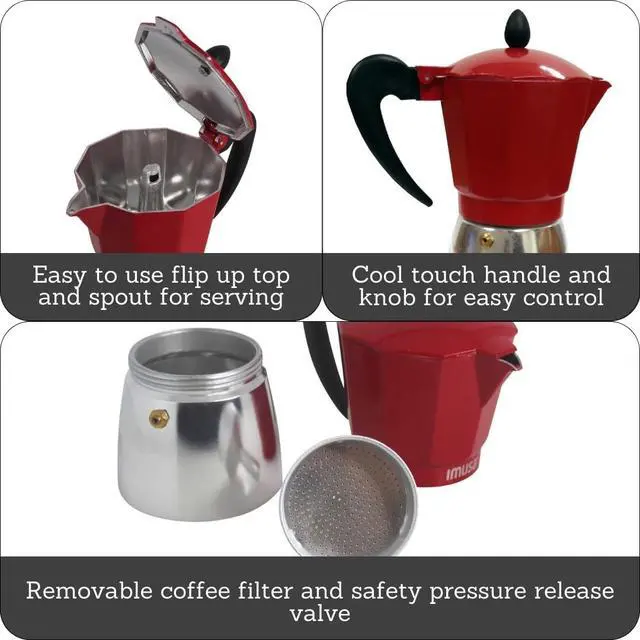 Alt view image 3 of 6 - IMUSA USA B120-42T 3-Cup Aluminum Stovetop Espresso Coffeemaker, Red
