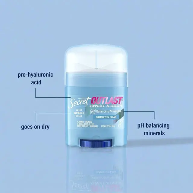Alt view image 2 of 6 - Secret Outlast Antiperspirant Deodorant for Women, 72hr Sweat & Odor Protection, PH Balancing Minerals, Invisible Solid, Completely Clean Scent, Travel Size, 0.5oz