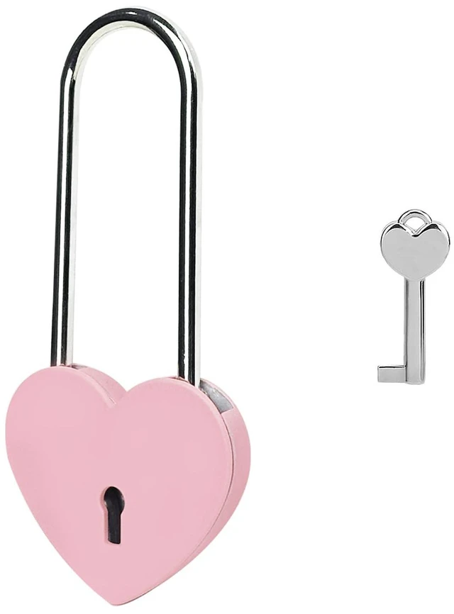 Main image of Pink 3.5in Single Heart Lock with Key, 50mm Metal Love Lock for Lovelock Bridge, Jewelry Box, Diary Book, Card Box