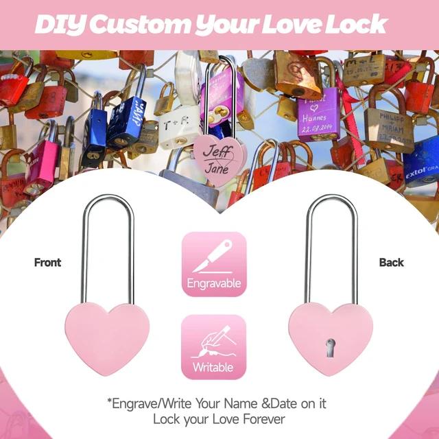 Alt view image 6 of 7 - Pink 3.5in Single Heart Lock with Key, 50mm Metal Love Lock for Lovelock Bridge, Jewelry Box, Diary Book, Card Box