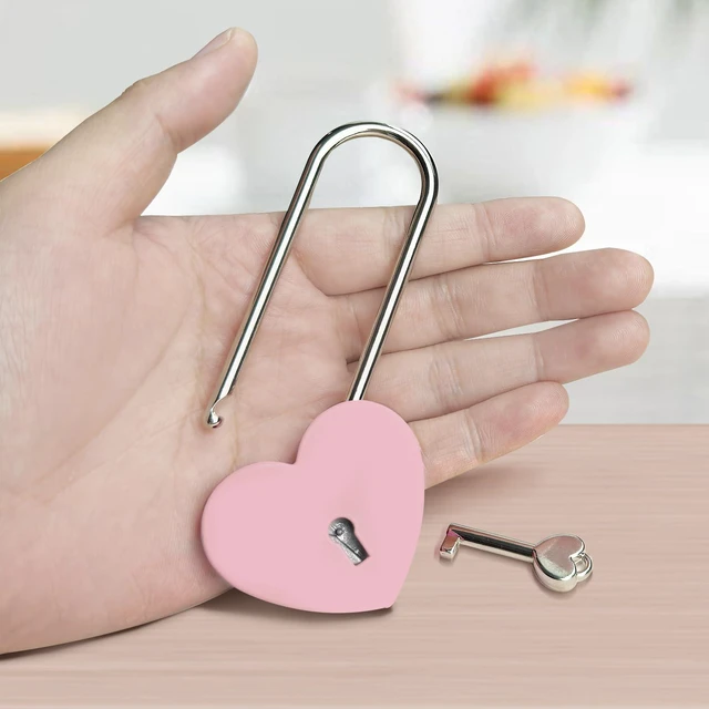 Alt view image 3 of 7 - Pink 3.5in Single Heart Lock with Key, 50mm Metal Love Lock for Lovelock Bridge, Jewelry Box, Diary Book, Card Box