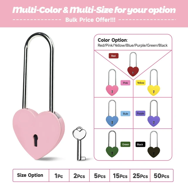 Alt view image 4 of 7 - Pink 3.5in Single Heart Lock with Key, 50mm Metal Love Lock for Lovelock Bridge, Jewelry Box, Diary Book, Card Box
