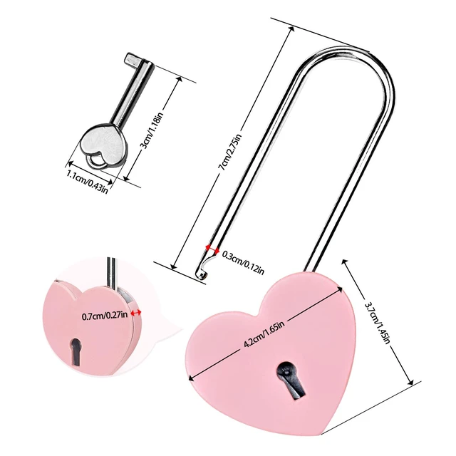 Alt view image 5 of 7 - Pink 3.5in Single Heart Lock with Key, 50mm Metal Love Lock for Lovelock Bridge, Jewelry Box, Diary Book, Card Box