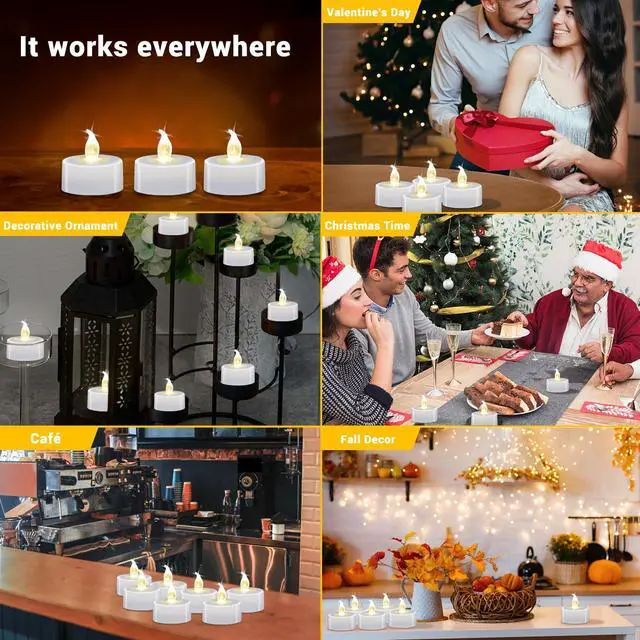 Alt view image 2 of 6 - LED Tea Lights 12 Pack, Flameless Battery Operated Candles, 200+ Hours Flickering Warm White, Realistic Fake Tealights for Weddings, Home Decor, Parties