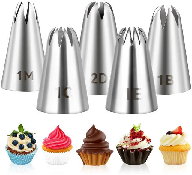 Main image of Cake Piping Tips 5-Pack (1M, 2D, 1C, 1B, 1E) - Buttercream, Icing, Birthday, Cupcake, DIY Art Decorating Supplies