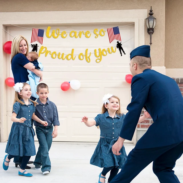 Alt view image 2 of 7 - Gold We Are So Proud of You Banner for Retirement, Welcome Home, Military Going Away, Memorial Day, Patriotic Soldier, Graduation Decor