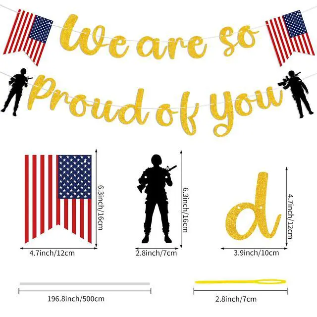 Alt view image 4 of 7 - Gold We Are So Proud of You Banner for Retirement, Welcome Home, Military Going Away, Memorial Day, Patriotic Soldier, Graduation Decor
