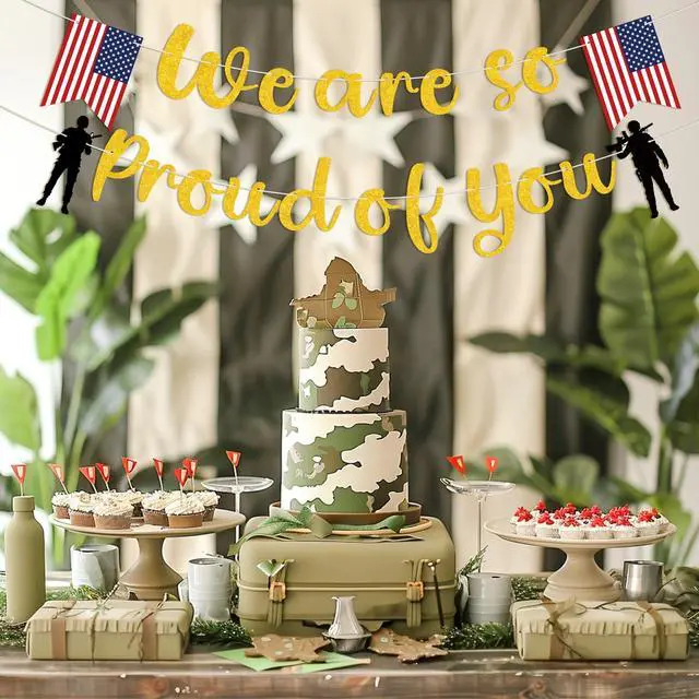 Alt view image 7 of 7 - Gold We Are So Proud of You Banner for Retirement, Welcome Home, Military Going Away, Memorial Day, Patriotic Soldier, Graduation Decor