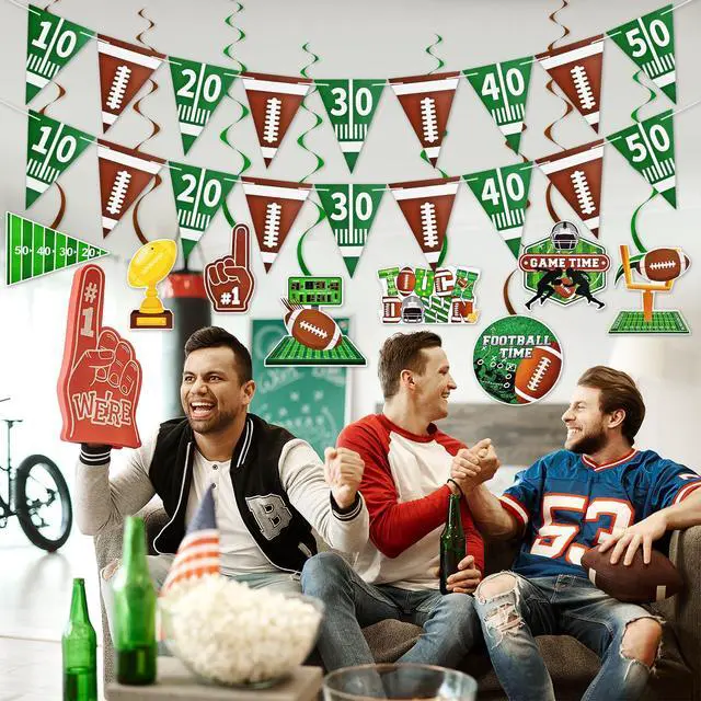 Alt view image 2 of 6 - 10 Pieces Football Game Hanging Banner Swirls Decorations - 2 Pennant Banners + 8 Football Swirls Garland for Sports Birthday Party Supplies