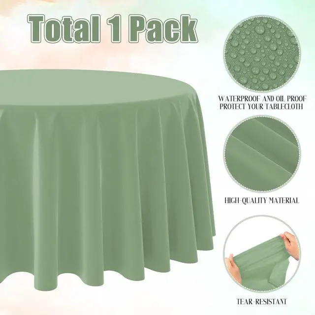Alt view image 4 of 6 - 1 Pack Sage Green Plastic Round Tablecloth, Waterproof Disposable, 84 Inch, for Birthday Bridal Wedding Baby Shower Party Decorations