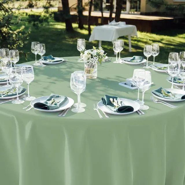 Alt view image 6 of 6 - 1 Pack Sage Green Plastic Round Tablecloth, Waterproof Disposable, 84 Inch, for Birthday Bridal Wedding Baby Shower Party Decorations