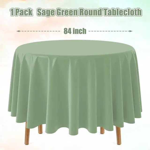 Alt view image 2 of 6 - 1 Pack Sage Green Plastic Round Tablecloth, Waterproof Disposable, 84 Inch, for Birthday Bridal Wedding Baby Shower Party Decorations