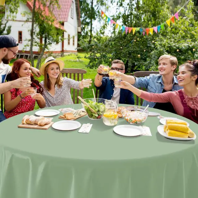 Alt view image 5 of 6 - 1 Pack Sage Green Plastic Round Tablecloth, Waterproof Disposable, 84 Inch, for Birthday Bridal Wedding Baby Shower Party Decorations