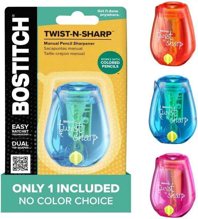 Main image of Bostitch Twist-n-Sharp Manual Pencil Sharpener, One Assorted Color, for Kids, Boys, Girls, Colored Pencils, 1 Pack
