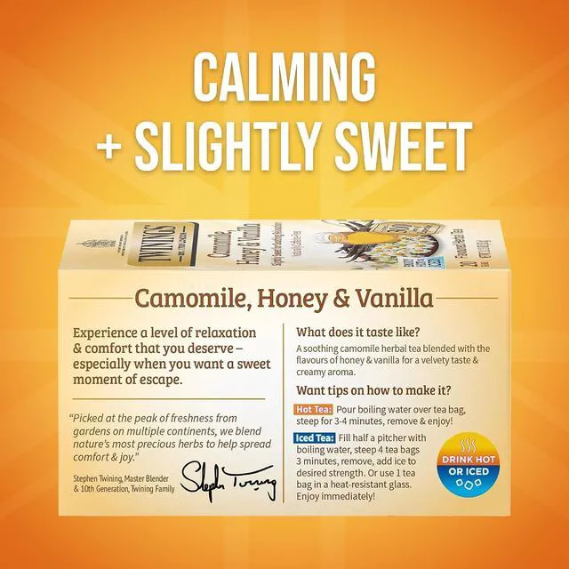 Alt view image 3 of 6 - Twinings Camomile, Honey & Vanilla Herbal Tea, 20 Count (Pack of 1), Naturally Caffeine-Free, Enjoy Hot or Iced