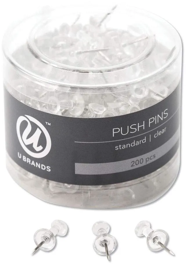 Main image of U Brands Push Pins, Steel Point, Plastic, Clear, 200-Count, for Cork Board