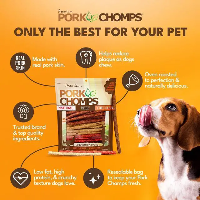 Alt view image 4 of 7 - Pork Chomps Dog Chews 5in Munchy Sticks Assorted Flavors 50 Count
