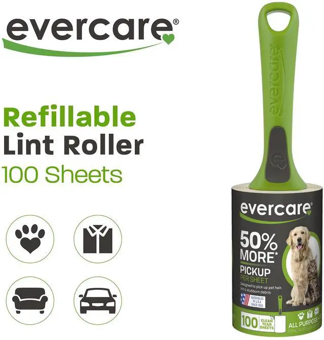 Alt view image 5 of 6 - Evercare All Purpose Pet Hair Lint Roller - 100 Sheets, Reusable Sticky Roller for Cat & Dog Hair Remover, Furniture, Clothing & Cars