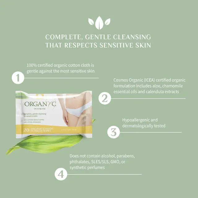 Alt view image 3 of 6 - Organyc Organic Cotton Intimate Wet Wipes for Sensitive Skin, pH Balanced, Paraben-Free, Alcohol-Free, Chlorine-Free, 20 Count (Pack of 1)