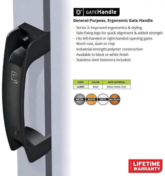 Alt view image 5 of 6 - D&D TECHNOLOGIES LL3GH Gate Handle, Reversible for Right or Left Hand, Side-Fixing Legs for Easy Alignment & Added Strength, for Square Post Gate