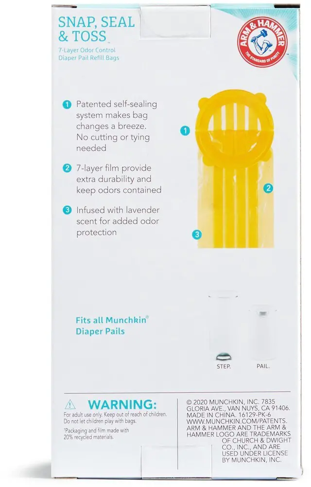 Alt view image 2 of 5 - Munchkin Arm & Hammer Diaper Pail Snap, Seal & Toss Refill Bags, 6 Pack, Holds up to 180 Newborn Diapers