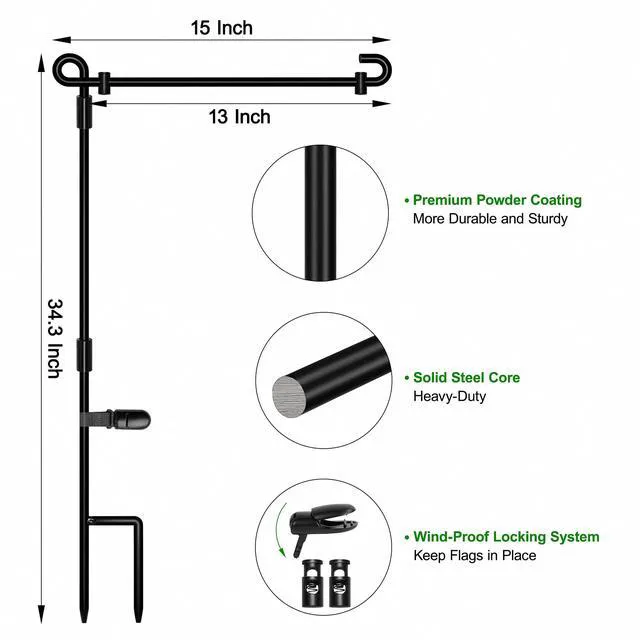Alt view image 3 of 6 - HOOSUN Garden Flag Stand, Premium Metal Powder-Coated Weather-Proof Paint Holder Pole with Flag Clip and Spring Stoppers, Without Flag