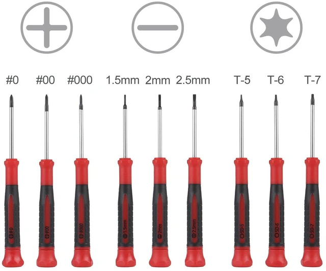 Alt view image 2 of 7 - EFFICERE 9-Piece Precision Screwdriver Set, Phillips #0 #00 #000, Flat 1.5mm 2.0mm 2.5mm, Torx T5 T6 T7, Chrome Vanadium Steel Shaft, Magnetic Tip, Ergonomic Grip, Swivel