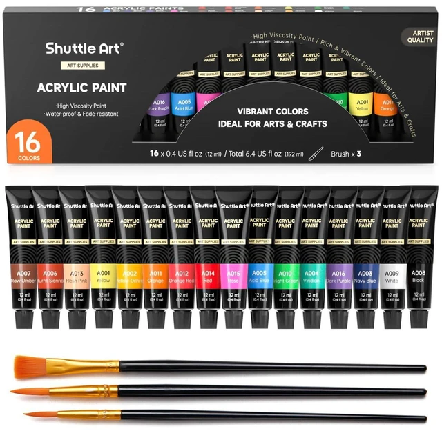 Main image of Shuttle Art Acrylic Paint Set, 16 x 12ml Tubes, Artist Quality, Non Toxic, Rich Pigments, for Canvas, Wood, Clay, Fabric, Ceramic Crafts